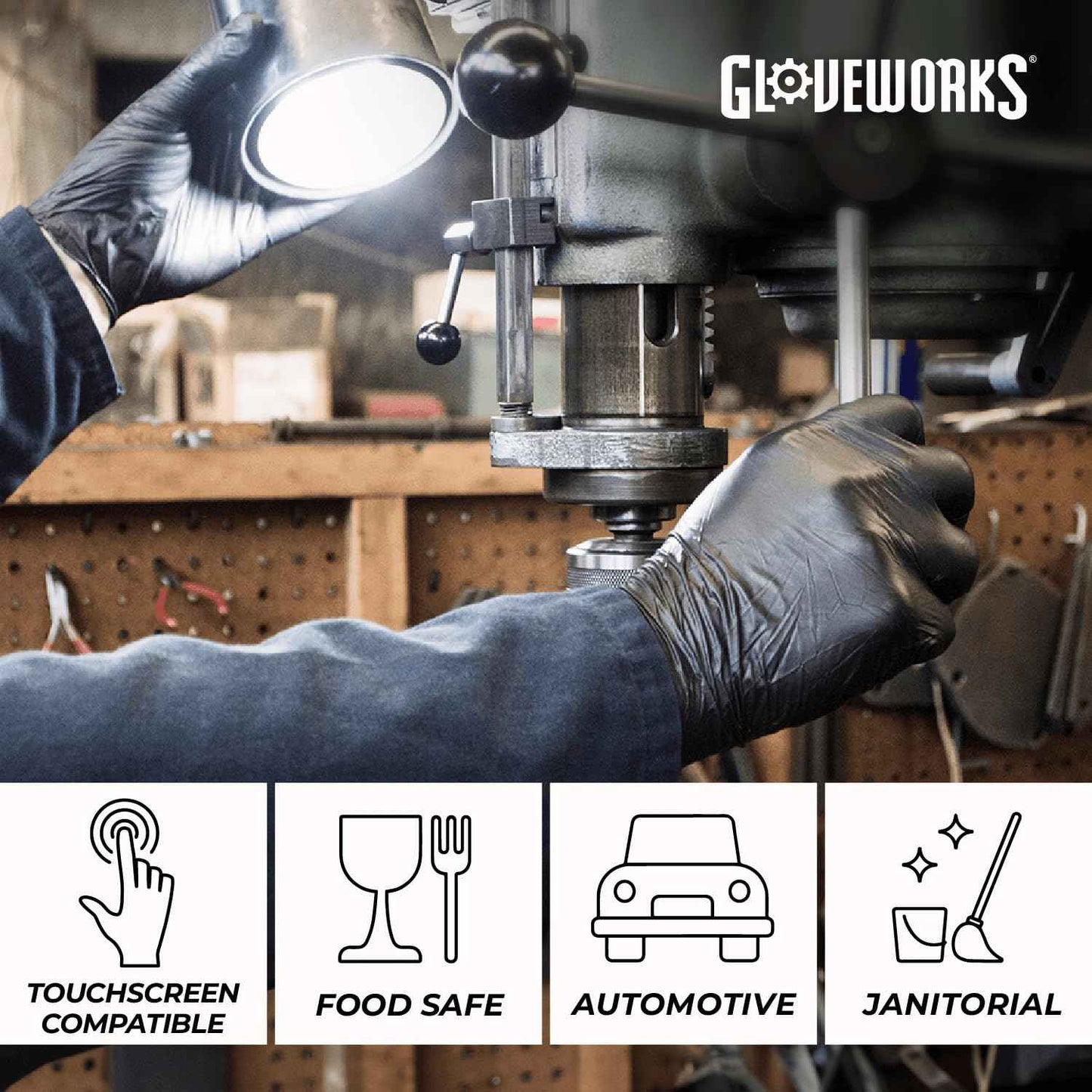 GLOVEWORKS Black Disposable Nitrile Industrial Gloves, 5 Mil, Latex & Powder-Free, Food-Safe, Textured, X-Large, Box of 100