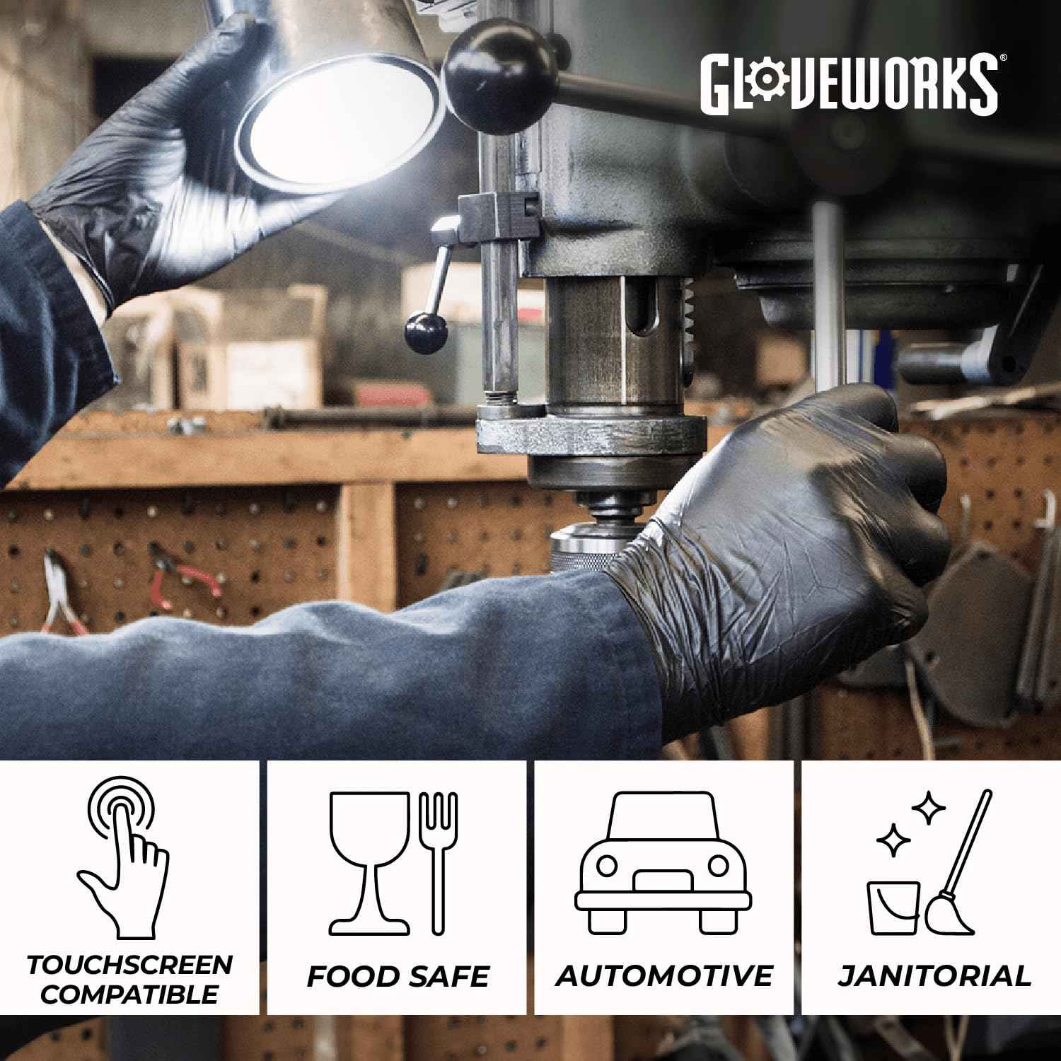 GLOVEWORKS Black Disposable Nitrile Industrial Gloves, 5 Mil, Latex & Powder-Free, Food-Safe, Textured, X-Large, Box of 100