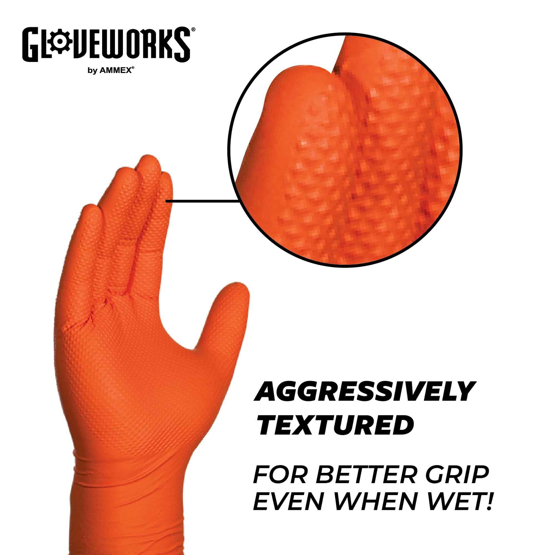 GLOVEWORKS HD Orange Nitrile Industrial Disposable Gloves, 8 Mil, Latex-Free, Raised Diamond Texture, Large, Box of 100