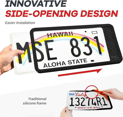 Aujen Silicone License Plate Frames,2 Pack Black Side-Opening License Bracket Holder with Easy Installation, License Plate Frame Without Obstruction.Rustproof, Rattle Proof & Weatherproof Universal