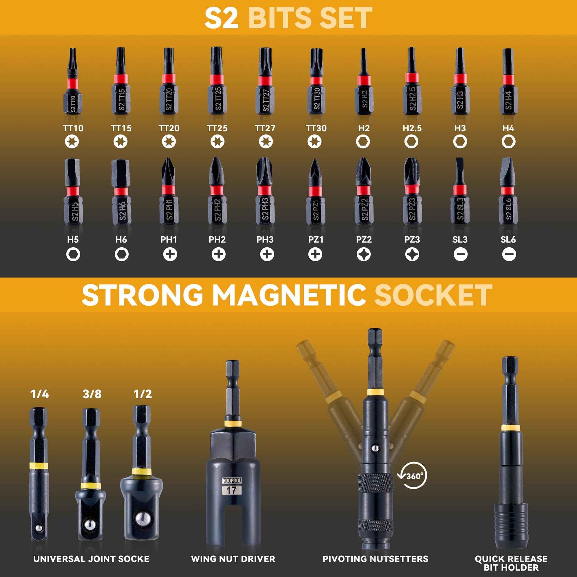 Impact Magnetic Nut Driver Set, 55PCS Impact Driver Bit Set, Deep Magnetic Nut Driver Set, Impact Socket Adapters, Wing Nut Driver, Bit Extension, 1/4'' Quick Change, Storage Box