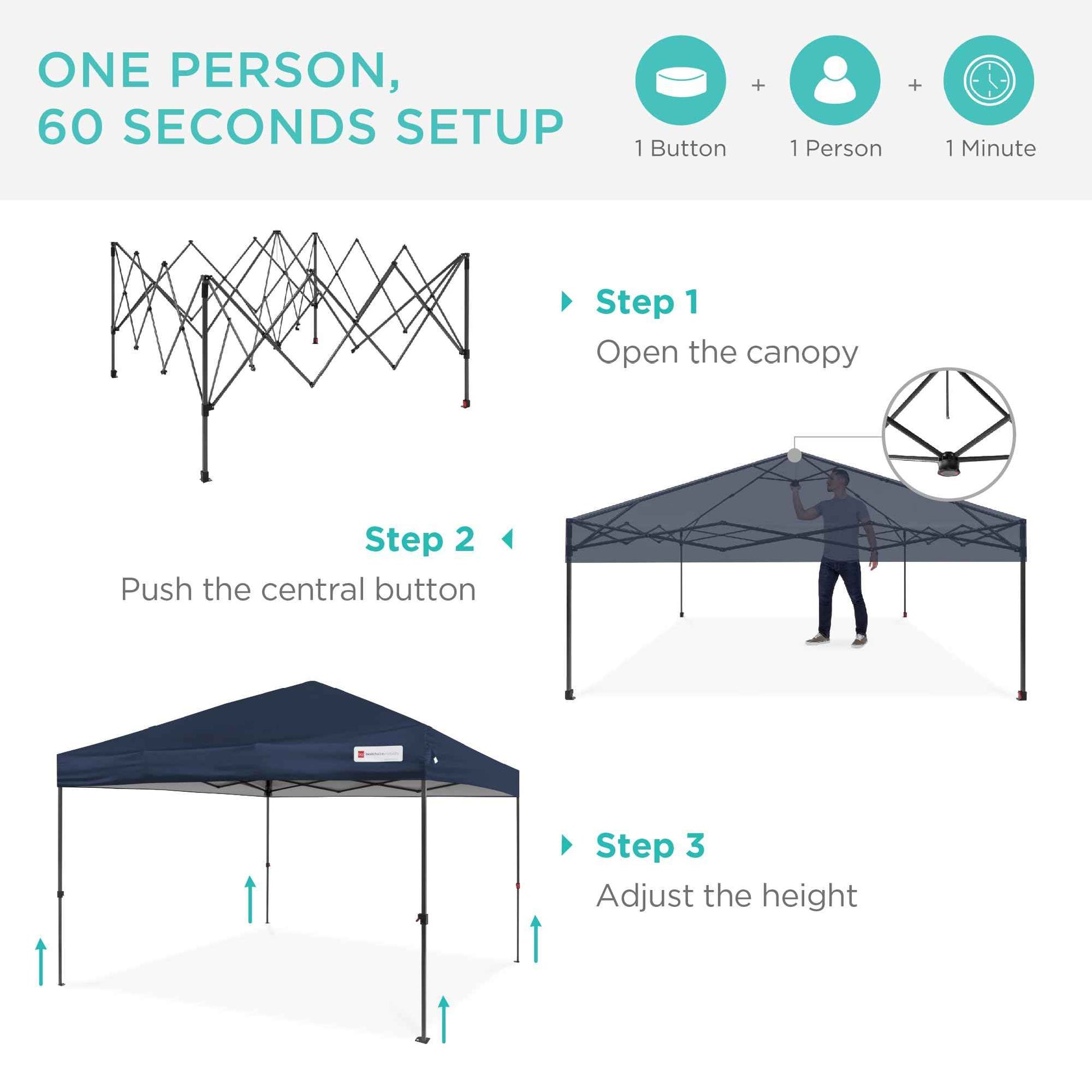 Best Choice Products 10x10ft 1-Person Setup Pop Up Canopy Tent Instant Portable Shelter w/ 1-Button Push, Case, 4 Weight Bags - Blue