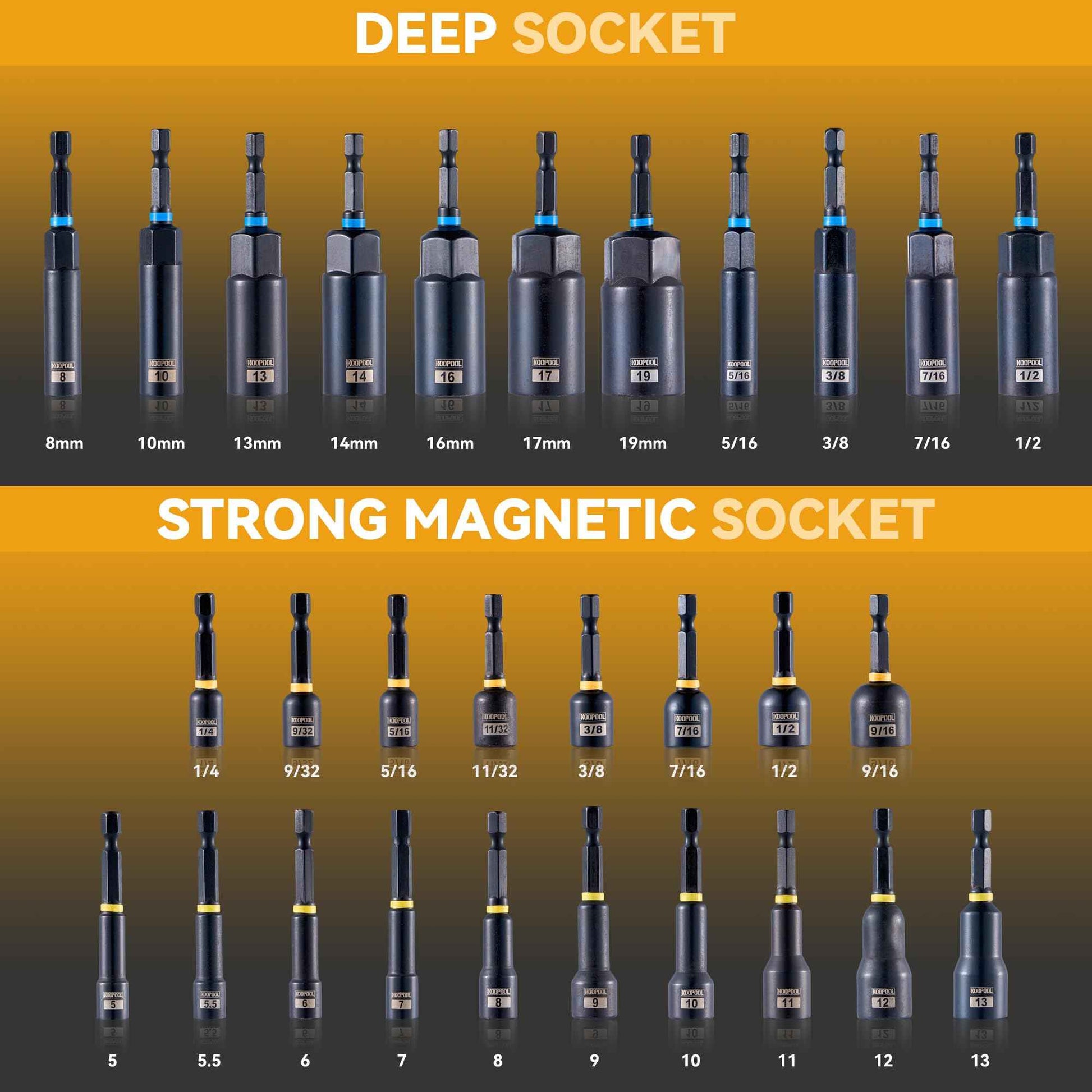 Impact Magnetic Nut Driver Set, 55PCS Impact Driver Bit Set, Deep Magnetic Nut Driver Set, Impact Socket Adapters, Wing Nut Driver, Bit Extension, 1/4'' Quick Change, Storage Box
