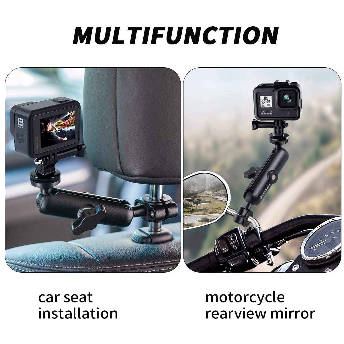 WADAHEFA 360° Rotating Sports Camera Bracket, Motorcycle Rearview Mirror, car seat mounting Bracket, Used for Go Pro Hero5/6/7/8/9 + Sports Camera Accessories.