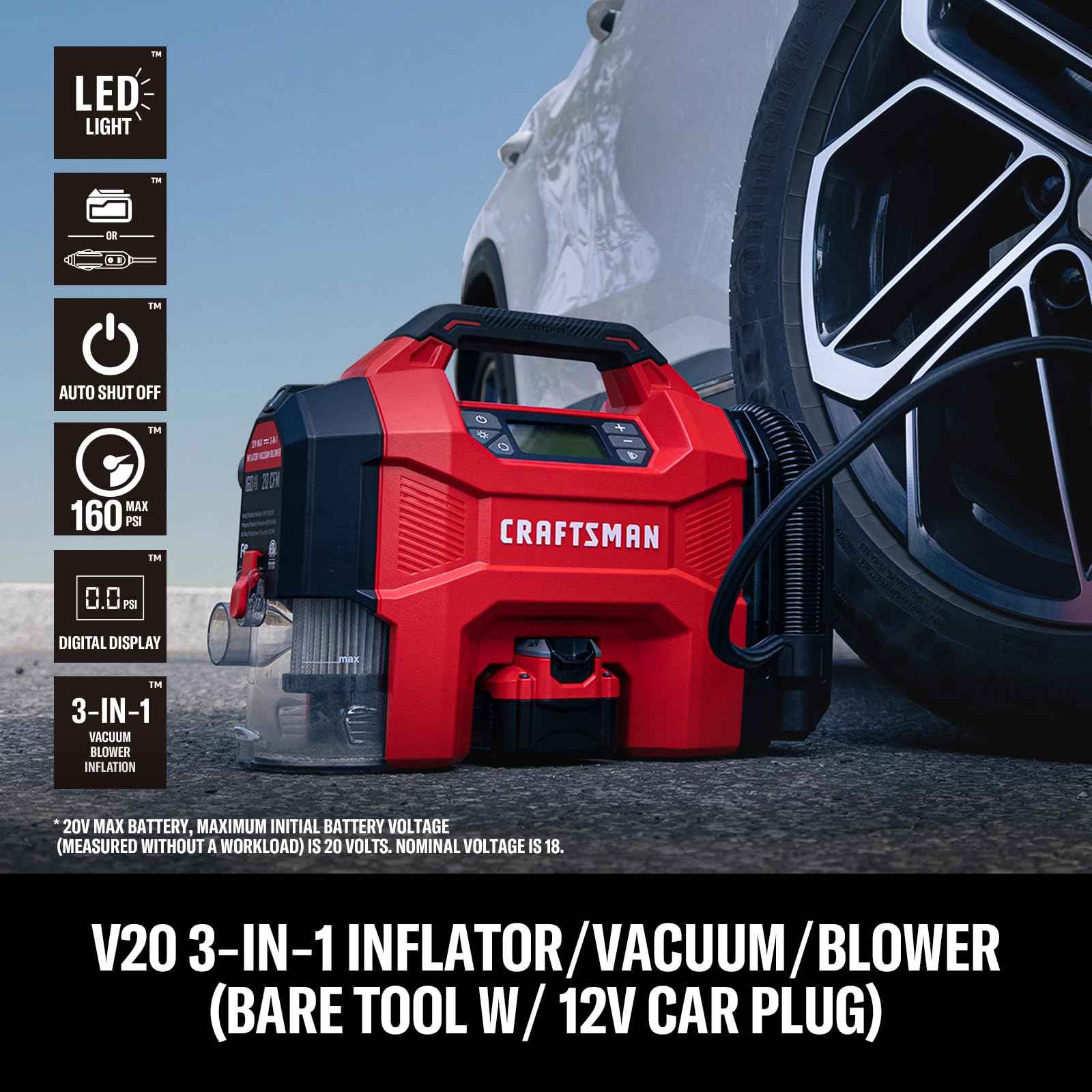 CRAFTSMAN 3-in-1 Tire Inflator Kit with Battery & Charger, 160 PSI Portable Air Compressor, Car Vacuum & Dust Blower with LED Light (Includes 4.0Ah Battery & 12V Charger)