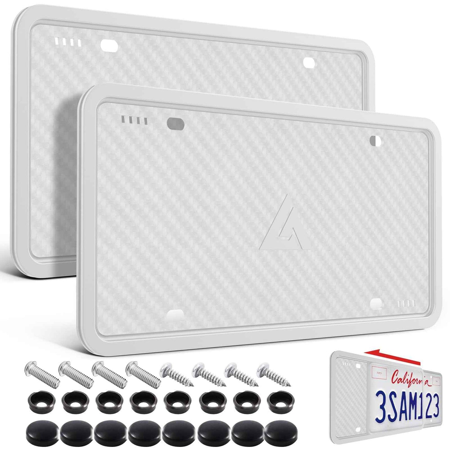 Aujen Silicone License Plate Frames, 2 Pack White Side-Opening License Bracket Holder, Without Obstruction. Rustproof, Rattle Proof & Weatherproof Universal