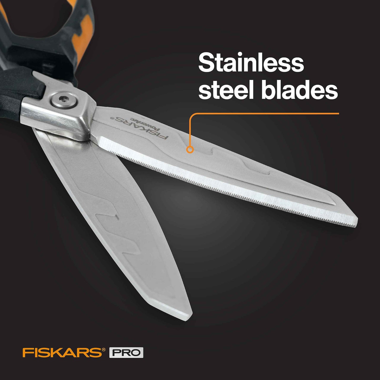 Fiskars PowerArc 8" Shop Shears, Heavy Duty Serrated Stainless Steel Scissors with Comfort Grip, Hardware Tool for Construction, Cut Materials like Insulation, Duct Tape, Cardboard, Rope and Tyvek