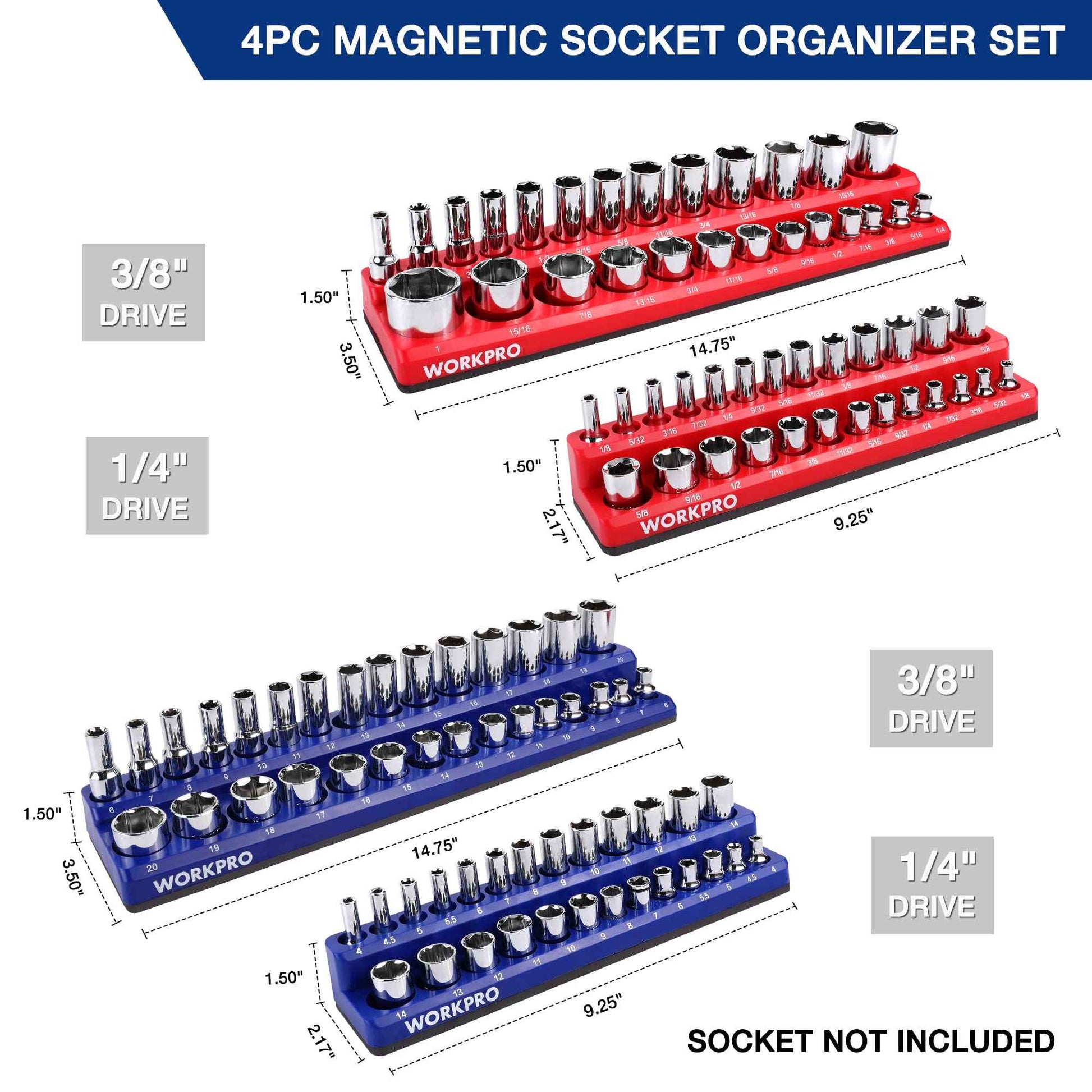 WORKPRO Magnetic Socket Organizer Set, 4-Piece Socket Holder Set Includes 1/4", 3/8" Drive Metric & SAE Socket Trays, Holds 108 Pieces Standard and Deep Size Sockets (Sockets not Included)