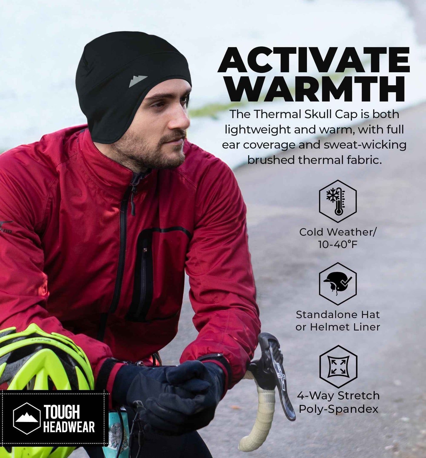 Tough Headwear Thermal Helmet Liner Skull Caps for Men - Winter Running Beanie, Helmet Cap & Cycling Caps for Running, Skiing, Winter Sports Black