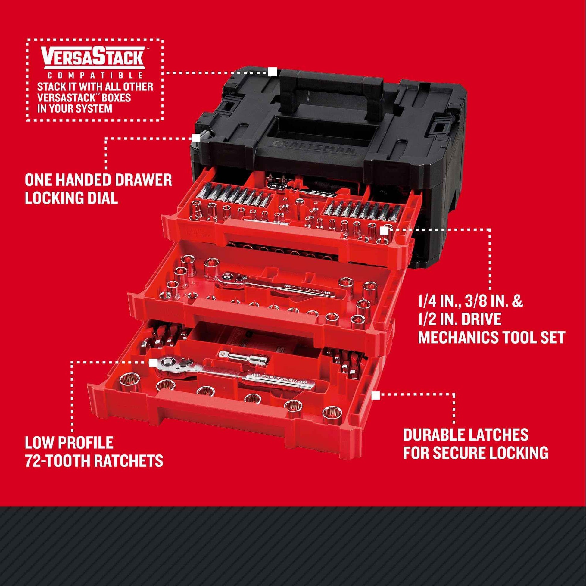 Craftsman Socket Set with Case VERSASTACK 230 Pcs Mechanics Tool Set, 1/4 in, 3/8 in, and 1/2 Drive, Standard and Deep Socket Set, Short and Long Arm Hex Keys (CMMT45306)