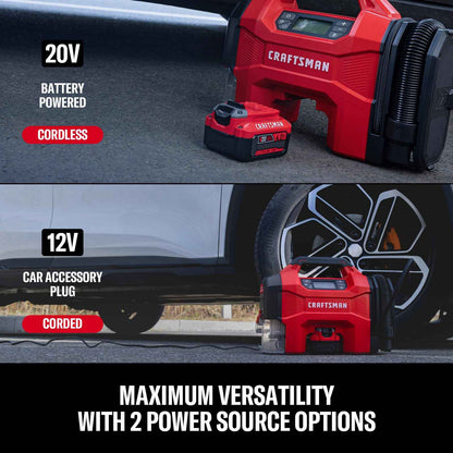 CRAFTSMAN 3-in-1 Tire Inflator Kit with Battery & Charger, 160 PSI Portable Air Compressor, Car Vacuum & Dust Blower with LED Light (Includes 4.0Ah Battery & 12V Charger)