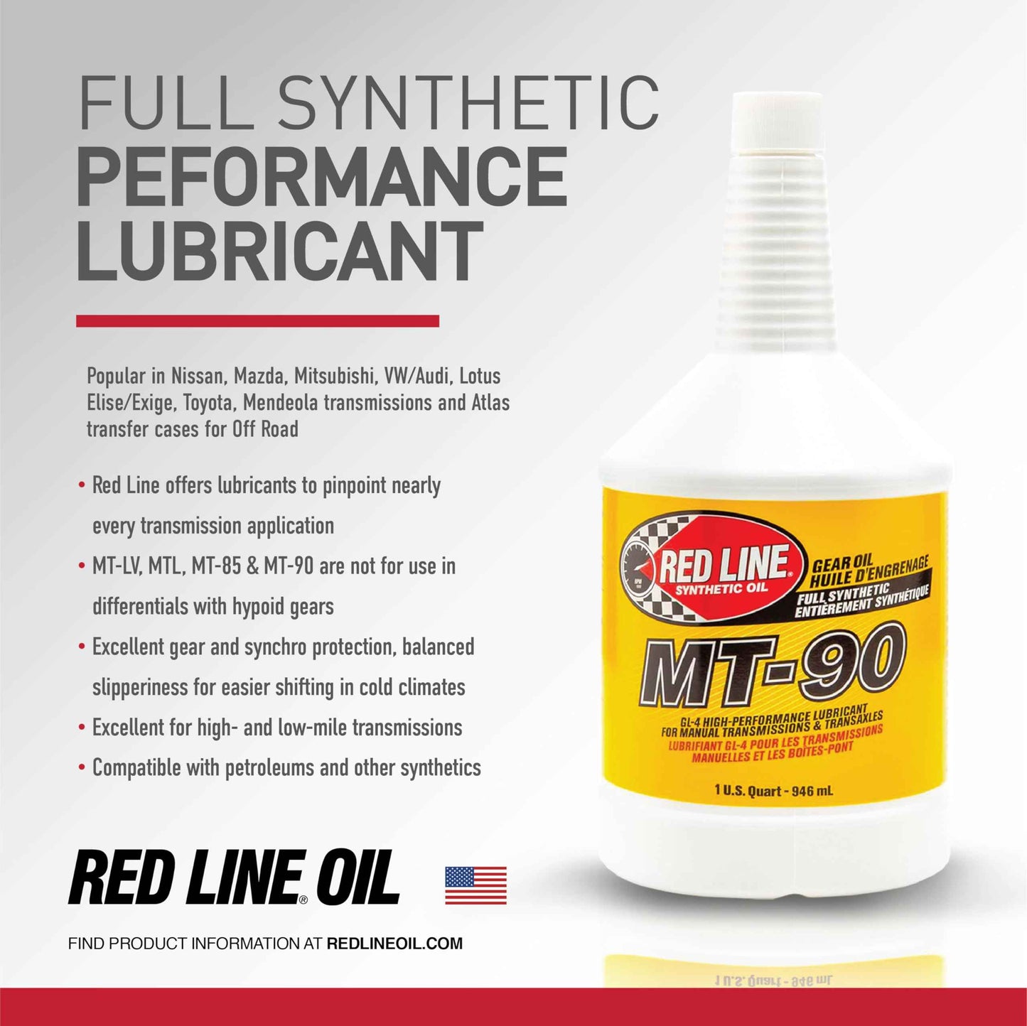 Red Line 50304 MT-90 75W-90 GL-4 Manual Transmission and Transaxle Lubricant (MTL)- 1 Quart