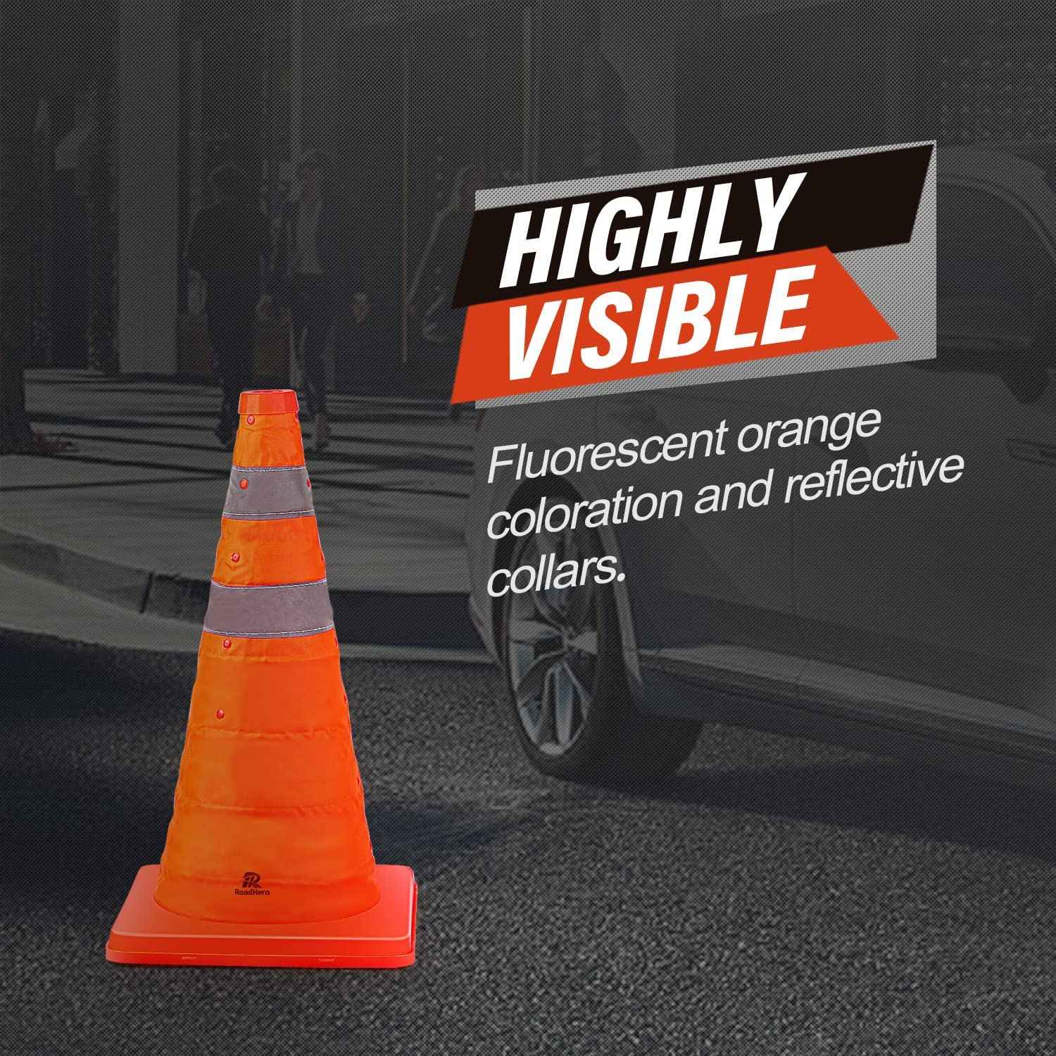 RoadHero 18 Inch 4 Pack Collapsible Traffic Safety Cones, Multi Purpose Pop-up Cones with Reflective Collar for Road Safety, Orange Cones for Driving Training, Parking Lots