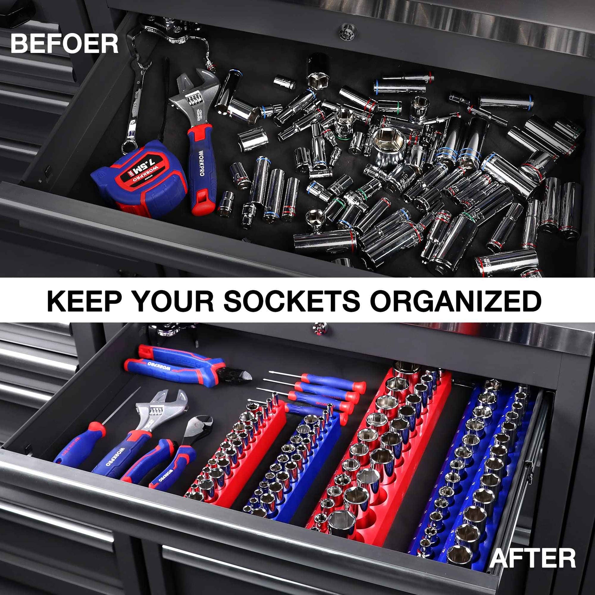 WORKPRO Magnetic Socket Organizer Set, 4-Piece Socket Holder Set Includes 1/4", 3/8" Drive Metric & SAE Socket Trays, Holds 108 Pieces Standard and Deep Size Sockets (Sockets not Included)
