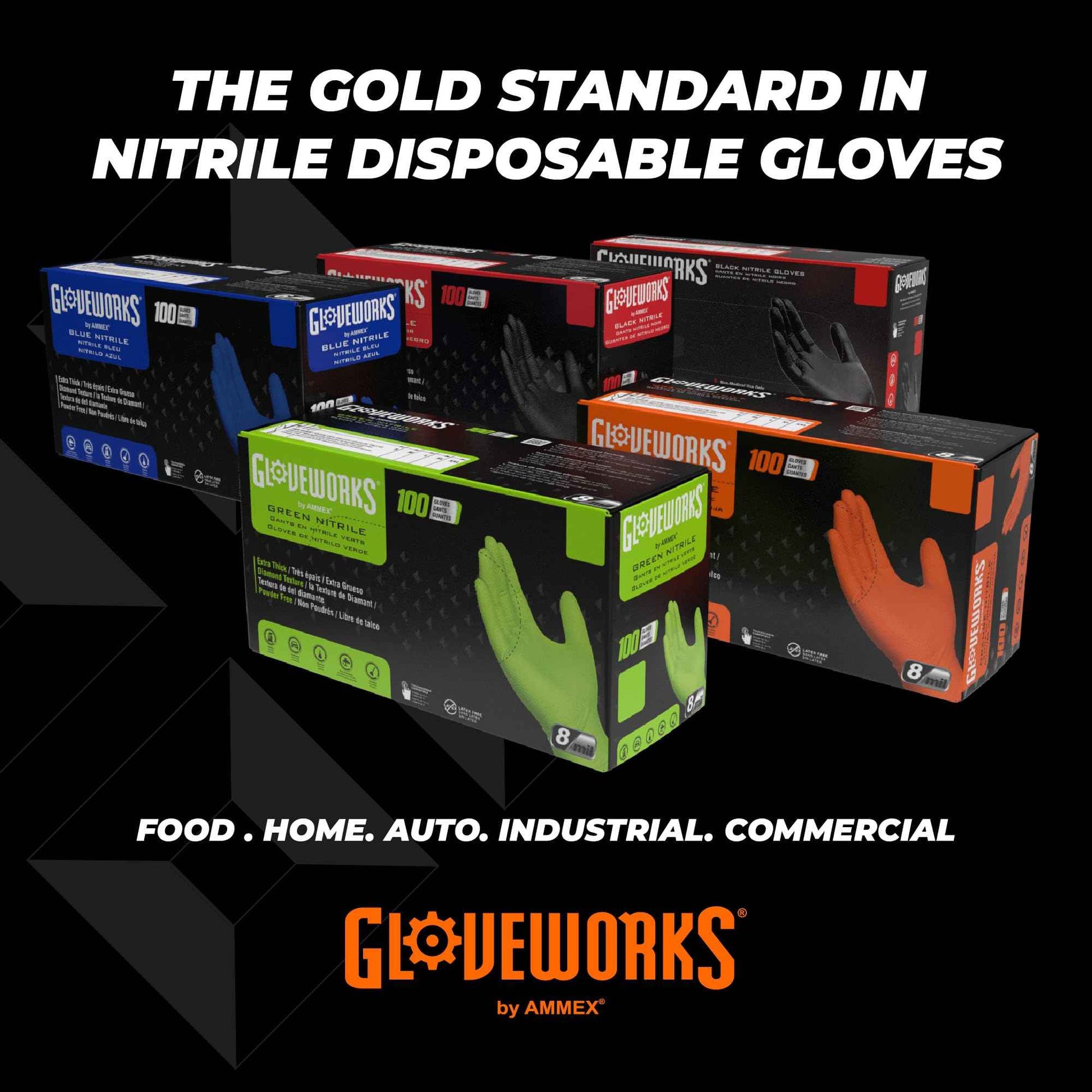 GLOVEWORKS HD Orange Nitrile Industrial Disposable Gloves, 8 Mil, Latex-Free, Raised Diamond Texture, Large, Box of 100