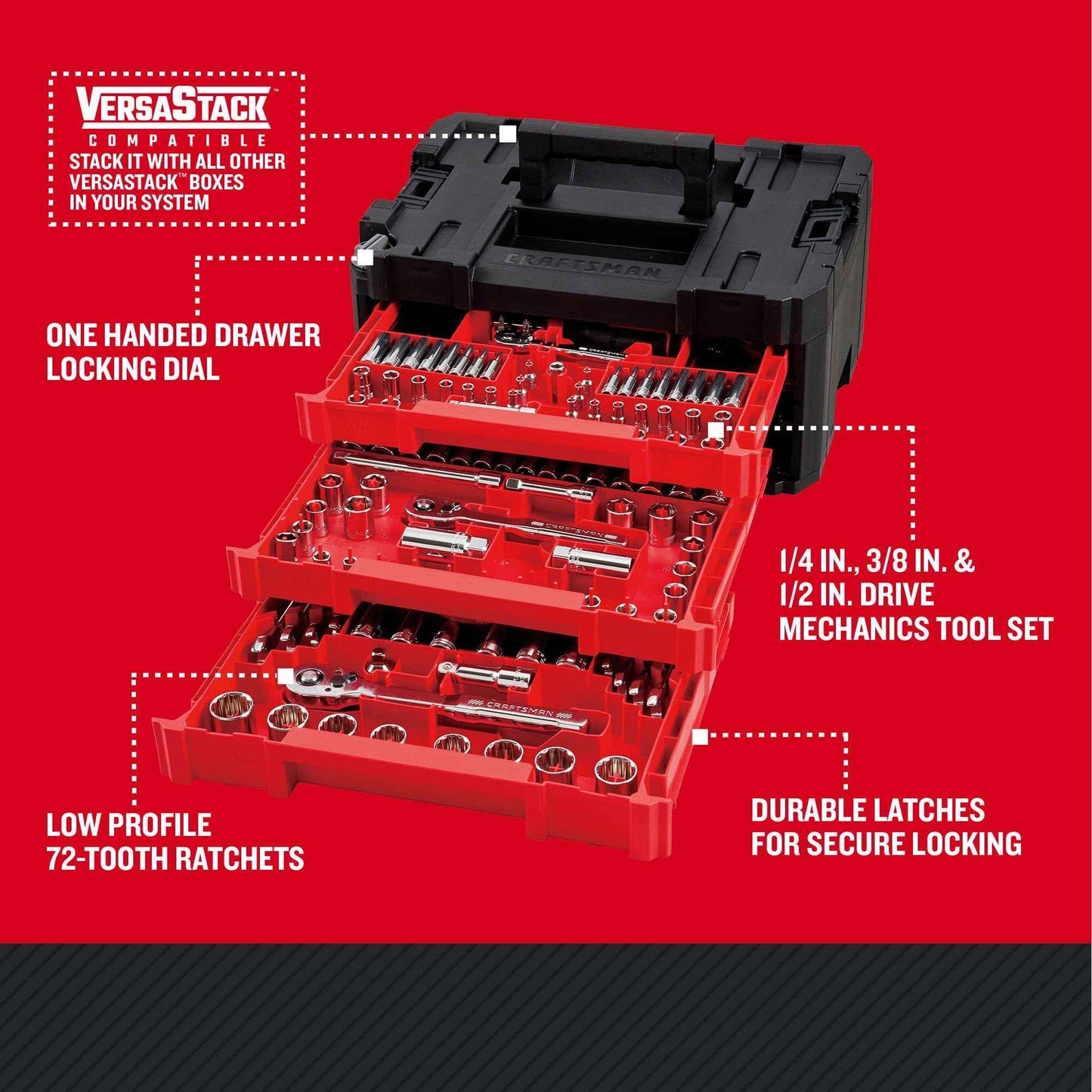 Craftsman 262-Piece Mechanic Tool Set with 3-Drawer VERSASTACK Tool Box, SAE and Metric Socket Set with Combination Wrenches and Spark Plug Sockets (CMMT45309)