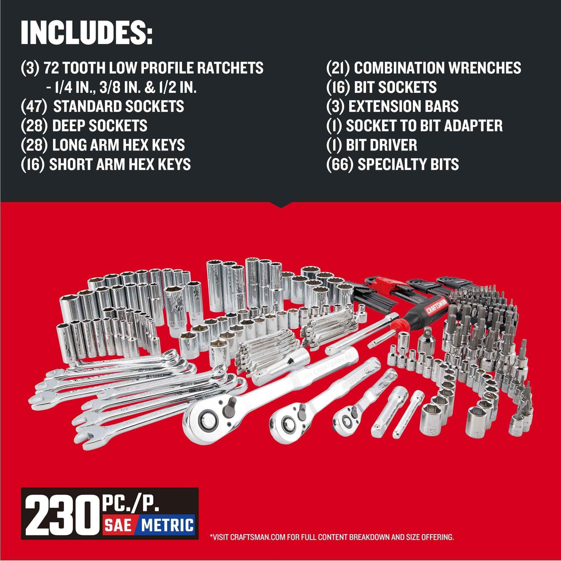 Craftsman Socket Set with Case VERSASTACK 230 Pcs Mechanics Tool Set, 1/4 in, 3/8 in, and 1/2 Drive, Standard and Deep Socket Set, Short and Long Arm Hex Keys (CMMT45306)