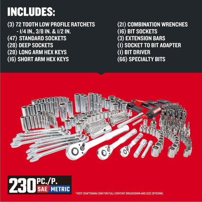 Craftsman Socket Set with Case VERSASTACK 230 Pcs Mechanics Tool Set, 1/4 in, 3/8 in, and 1/2 Drive, Standard and Deep Socket Set, Short and Long Arm Hex Keys (CMMT45306)