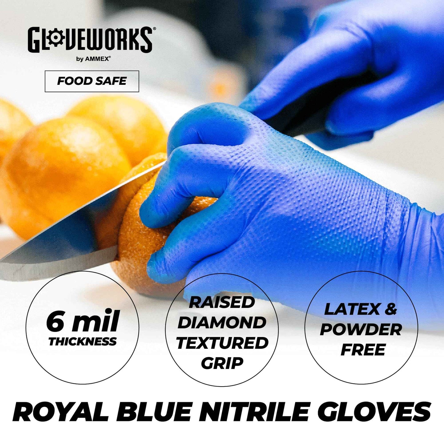GLOVEWORKS HD Royal Blue Nitrile Industrial Disposable Gloves, 6 Mil Latex-Free, Raised Diamond Texture, Medium, Box of 100