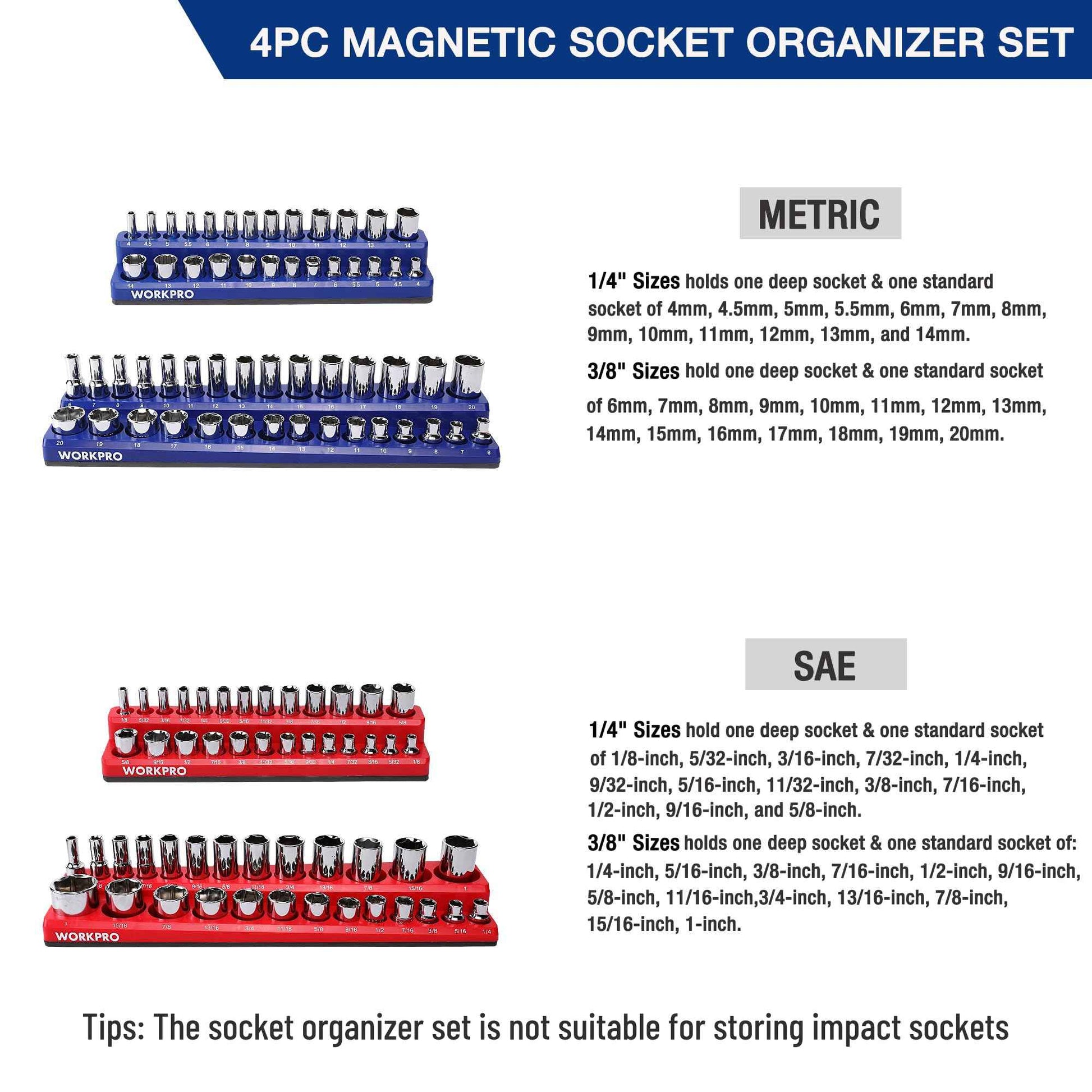 WORKPRO Magnetic Socket Organizer Set, 4-Piece Socket Holder Set Includes 1/4", 3/8" Drive Metric & SAE Socket Trays, Holds 108 Pieces Standard and Deep Size Sockets (Sockets not Included)