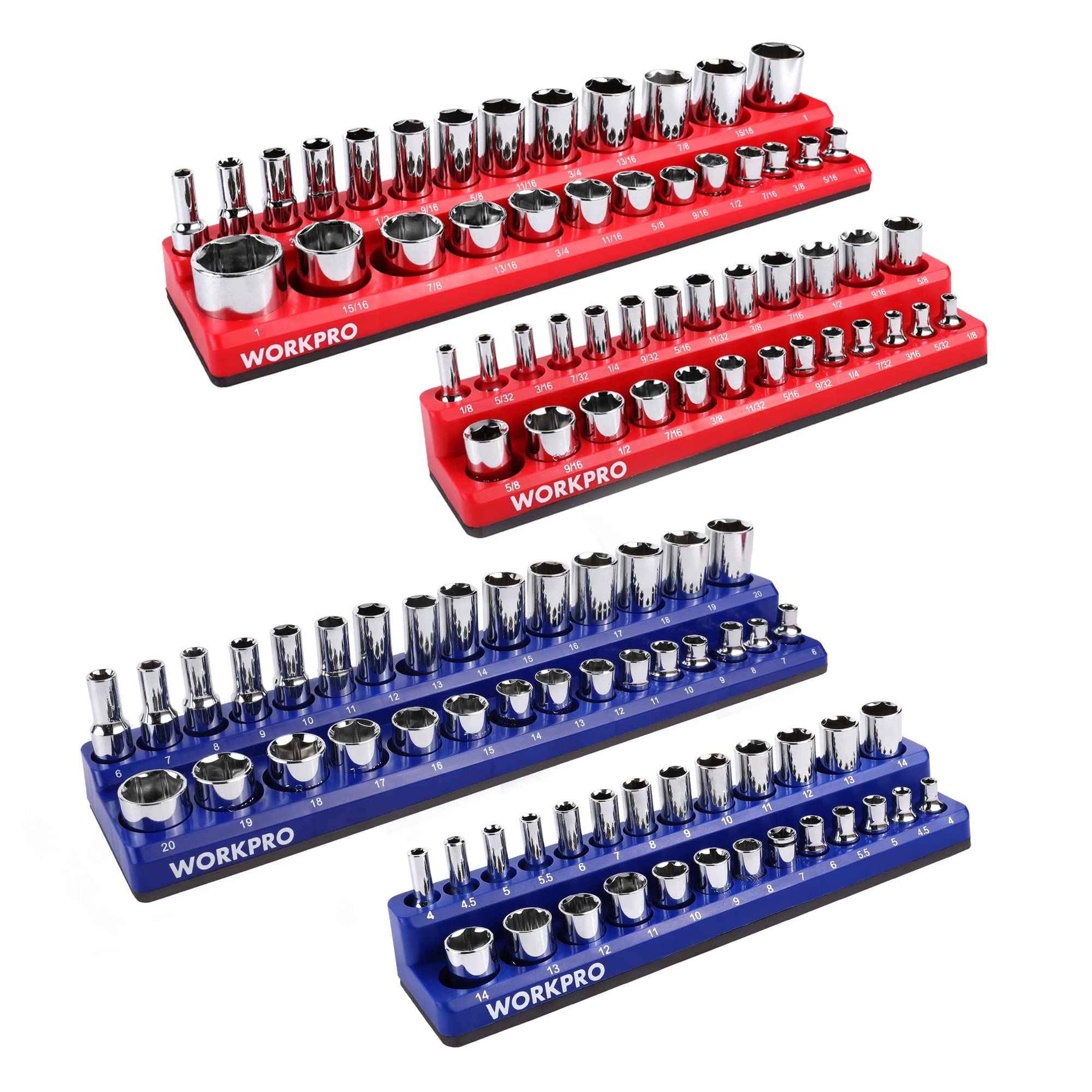 WORKPRO Magnetic Socket Organizer Set, 4-Piece Socket Holder Set Includes 1/4", 3/8" Drive Metric & SAE Socket Trays, Holds 108 Pieces Standard and Deep Size Sockets (Sockets not Included)