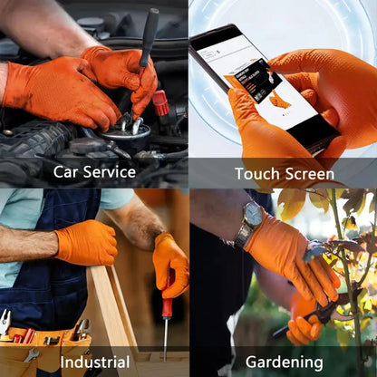 Protect those Hands! Heavy Duty Orange Nitrile Glovesl Industrial Disposable Gloves with Diamond Textured Grip for Mechanics