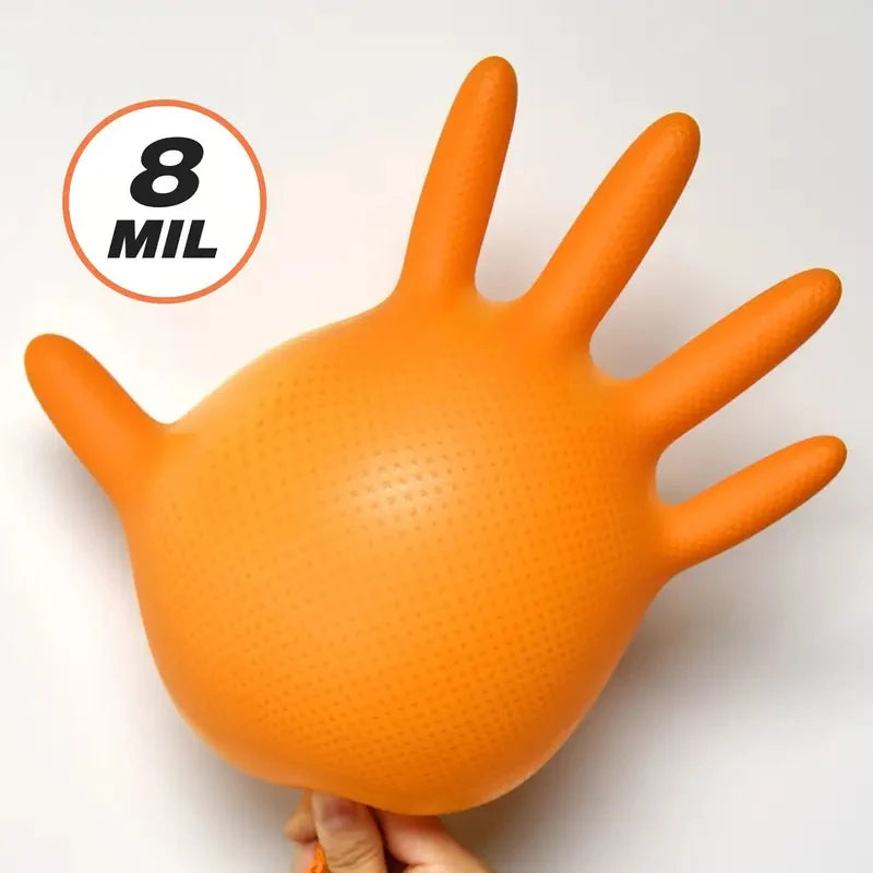 Protect those Hands! Heavy Duty Orange Nitrile Glovesl Industrial Disposable Gloves with Diamond Textured Grip for Mechanics