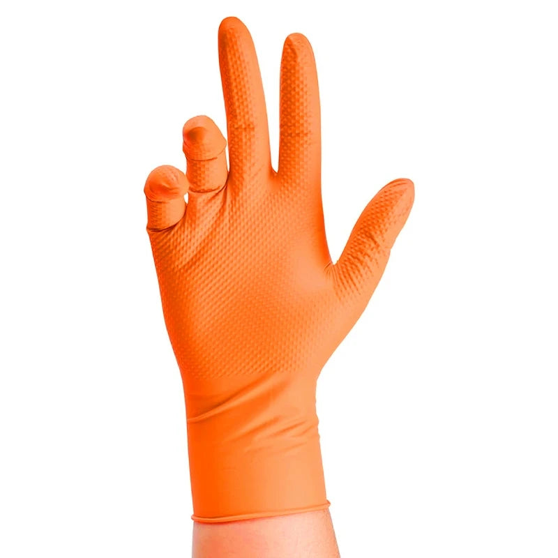 Protect those Hands! Heavy Duty Orange Nitrile Glovesl Industrial Disposable Gloves with Diamond Textured Grip for Mechanics