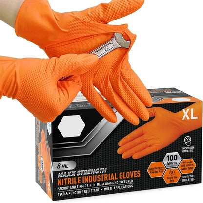 Protect those Hands! Heavy Duty Orange Nitrile Glovesl Industrial Disposable Gloves with Diamond Textured Grip for Mechanics