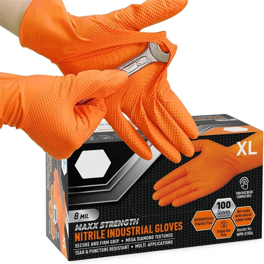 Protect those Hands! Heavy Duty Orange Nitrile Glovesl Industrial Disposable Gloves with Diamond Textured Grip for Mechanics
