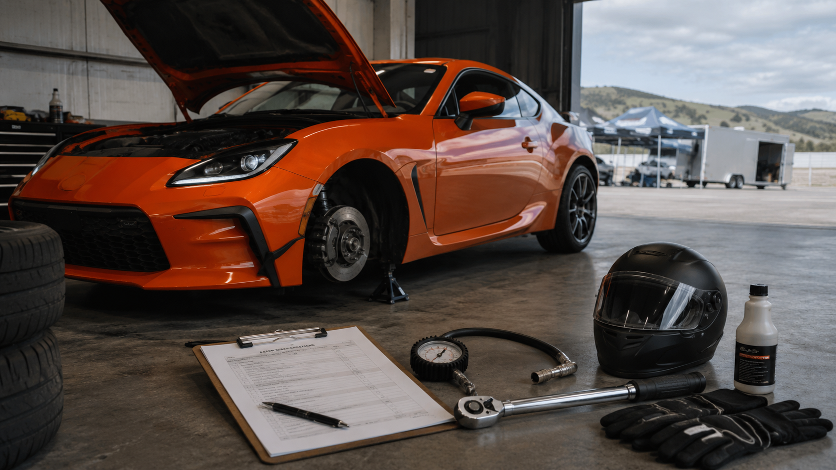 HPDE tech inspection checklist with orange track car, helmet, tire pressure gauge, and torque wrench in a paddock garage
